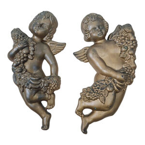 HF Vintage Gold Tone Cherub Angels 3D Wall Decor 2 Piece Plastic MCM